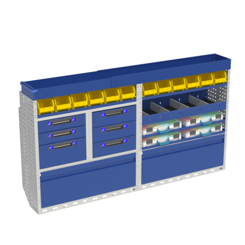 Luxe opstelling, links met blauwe wielkastafdekkingen met klepdeuren, blauwe ladeblokken, planken met transparante kunststof koffers, planken met gele verwijderbare containers voor OPEL VIVARO 2019 M voertuigen.
