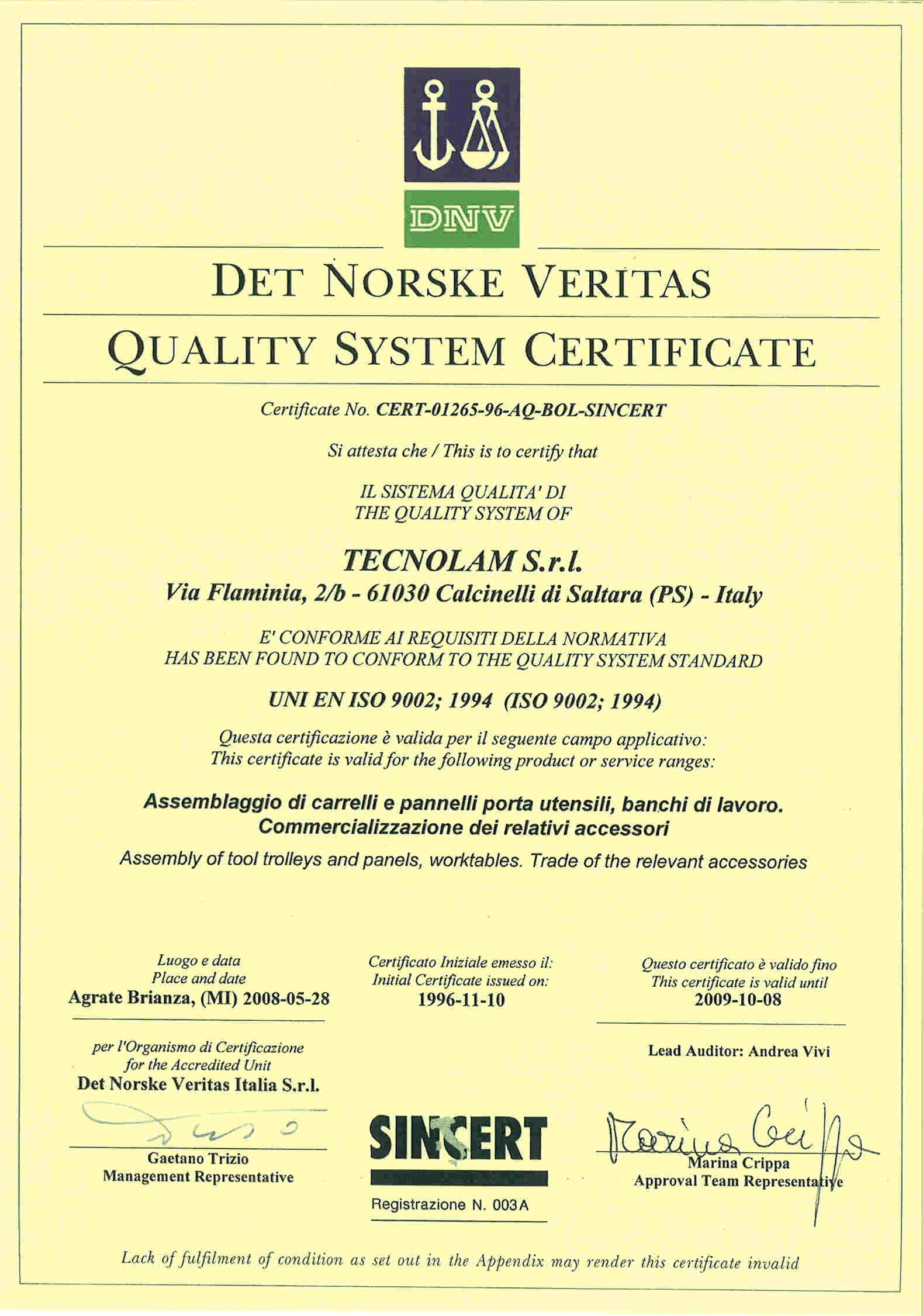 ISO 9001 certificate Tecnolam