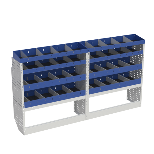 Basis interieur rekken, links blauwe kleur met 2 open wielkast covers en blauwe rekken met verdelers en eind rekken met verdelers voor voertuigen OPEL VIVARO 2019 m