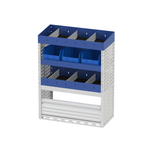 Scaffalatura interna destra comfort con copri passaruota con antina di chiusura, cassettiere con cassetti blu, scaffalature con divisori, scaffalatura con contenitori asportabili gialli e scaffalatura terminale con divisori per furgoni OPEL COMBO CARGO M.