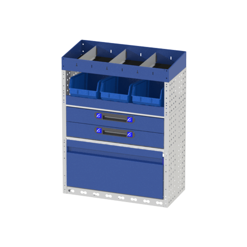 Allestimento interno destro luxury con copri passaruota ad anta basculante, scaffalatura con cassetti, scaffalatura con vassoi aventi valigie in plastica, scaffalature con divisori, scaffalature con contenitori asportabili e scaffalatura terminale con divisori per veicoli OPEL COMBO CARGO M.