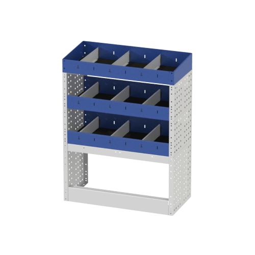 Scaffalatura interna destra base con copri passaruota aperto, scaffalature con divisori e terminale con divisori per furgoni OPEL COMBO CARGO M.