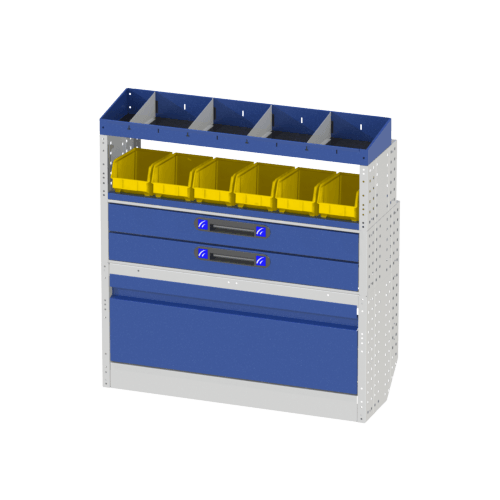 Rechts luxe interieuropstelling met kantelbare deurwielkastafdekkingen, rekken met laden, rekken met lades met plastic koffers, rekken met verdelers, rekken met verwijderbare containers en eindrekken met verdelers voor OPEL COMBO CARGO XL voertuigen.