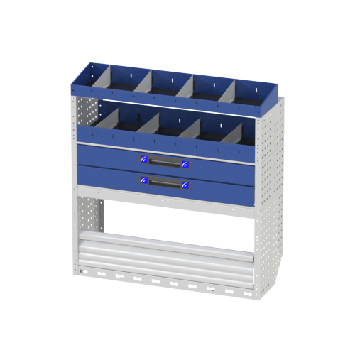 Comfort rechts interne rekken met wielkastafdekkingen met sluitdeur, ladeblokken met blauwe lades, rekken met verdelers, rekken met gele uitneembare containers en eindrekken met verdelers voor OPEL COMBO CARGO XL bestelwagens.