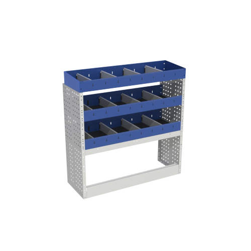 Scaffalatura interna base, sinistra colore blu con 2 copri passaruota aperti e scaffalature blu con divisori e scaffalatura terminale con divisori per veicoli FORD TRANSIT COURIER L1H1.