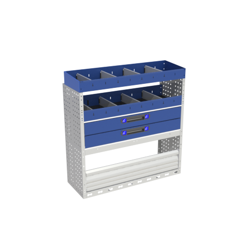 Allestimento interno confort, sinistro per con copri passaruota con antina di chiusura, copri passaruota con kit ferma valigia, con scaffalatura con cassetti colore blu, scaffalature con contenitori asportabili di colore giallo e blu, con scaffalatura con divisori e scaffalatura terminale per furgoni FORD TRANSIT COURIER L1H1.