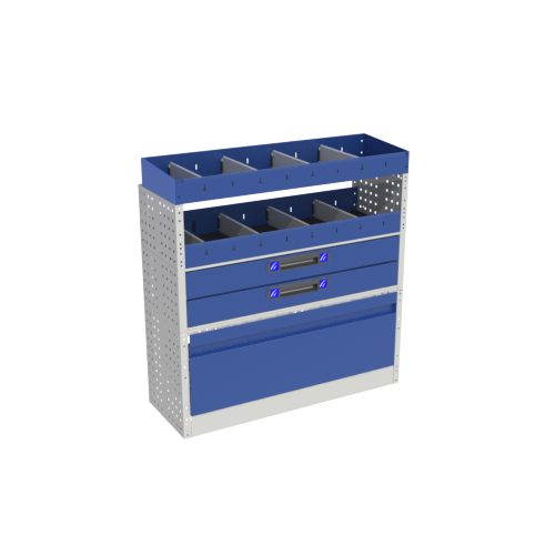 Allestimento luxury, sinitra con copri passaruota ad anta-basculante blu, cassettiere con cassetti blu, scaffalature con valigie in plastica trasparenti, scaffalature con contenitori asportabili gialli per veicoli FORD TRANSIT COURIER L1H1.r
