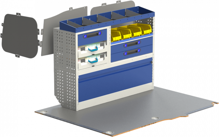 Uitrusting bedrijfswagen, linkerzijde OPEL COMBO bestaande uit een fenol multiplex vloer voor bestelwagens en binnenbekleding voor bestelwagens, met modules: wieldoppen met kanteldeuren, ladeblokken met blauwe lades, koffers met uitneembare verdelers, uitneembare metalen koffers, lateibakken, open planken met scheidingswanden en eindplanken