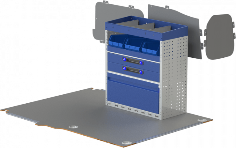 OPEL COMBO bedrijfswageninrichting met vloer en bekleding, bedrijfswagenstelling bestaande uit wieldoppen met aluminium deur, lades, open legbord met verdelers, uittrekbare lades en terminal met verdelers