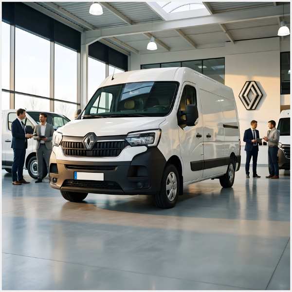 Witte bestelwagen in showroom.