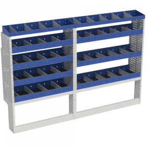 Scaffalatura interna base, sinistra colore blu con 2 copri passaruota aperti e scaffalature blu con divisori e scaffalatura terminale con divisori per veicoli MERCEDES SPRINTER 2018 L1H1 COMPACT.