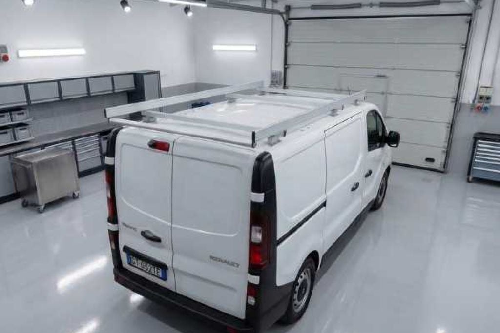 White van with roof rack inside garage
