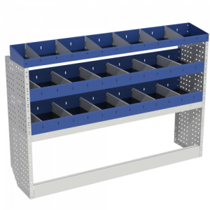 Basis interieur rekken, kleur links blauw met 2 open wielkast afdekkingen en blauwe rekken met tussenschotten en eindschotten met tussenschotten voor OPEL COMBO CARGO XL voertuigen.