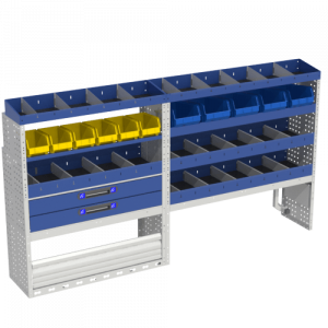 Comfort interieuruitrusting, links voor met wielkastafdekking met sluitdeur, wielkastafdekking met kofferstopkit, met planken met blauwe laden, planken met verwijderbare gele en blauwe containers, met planken met verdelers en eindplanken voor FORD TRANSIT CONNECT bestelwagens 2013 L2 .