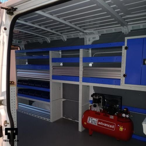 Organized van interior with storage shelves