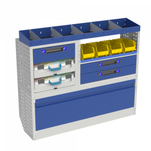 Luxe uitrusting, links met blauwe wielkastafdekkingen voor draaideuren, blauwe ladeblokken, rekken met transparante kunststof koffers, rekken met gele verwijderbare containers voor OPEL COMBO CARGO M voertuigen.