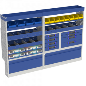 Allestimento luxury, sinistra con copri passaruota ad anta-basculante blu, cassettiere con cassetti blu, scaffalature con valigie in plastica trasparenti, scaffalature con contenitori asportabili gialli per veicoli MERCEDES SPRINTER 2018 L1H1 COMPACT.