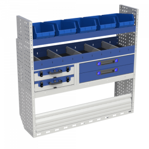 Comfort interieuruitrusting, links voor met wielkastafdekking met sluitdeur, wielkastafdekking met kofferstopkit, met rekken met blauwe lades, rekken met gele en blauwe uitneembare containers, met rekken met tussenschotten en eindrekken voor OPEL COMBO CARGO bestelwagens M.